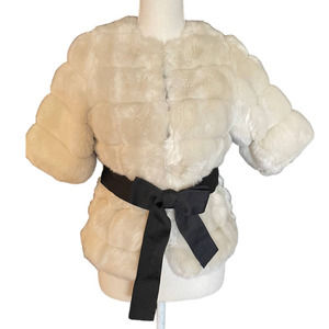 MM Couture by Miss Me Womens Faux Fur Jacket Tie-Waist 3/4 Sleeve Size S Cream